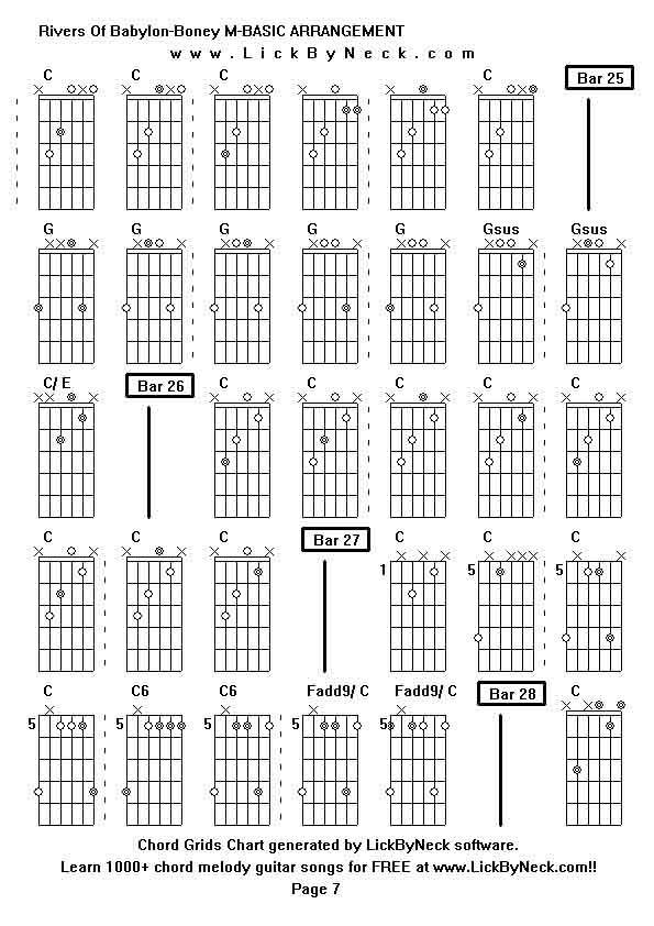 Chord Grids Chart of chord melody fingerstyle guitar song-Rivers Of Babylon-Boney M-BASIC ARRANGEMENT,generated by LickByNeck software.